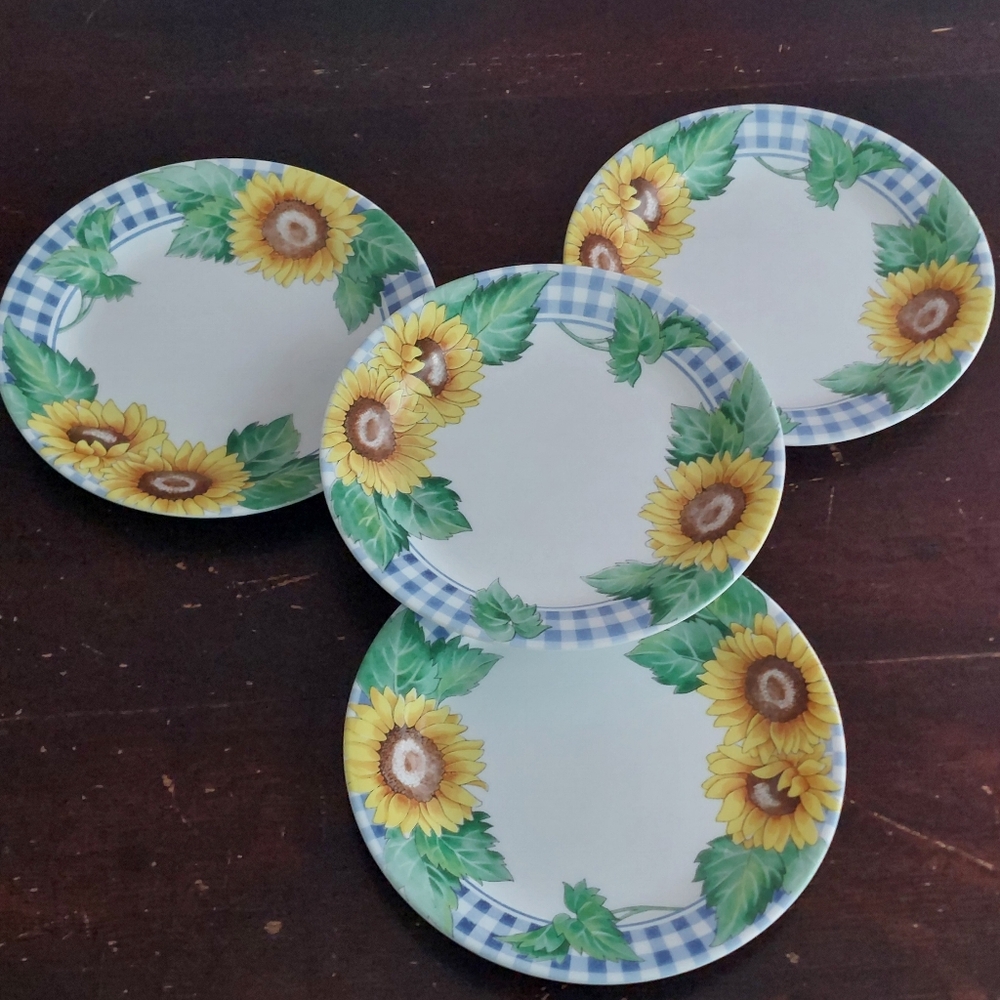 Corelle Sunsations Salad Plates Set: Sunflower Blue Check Plaid